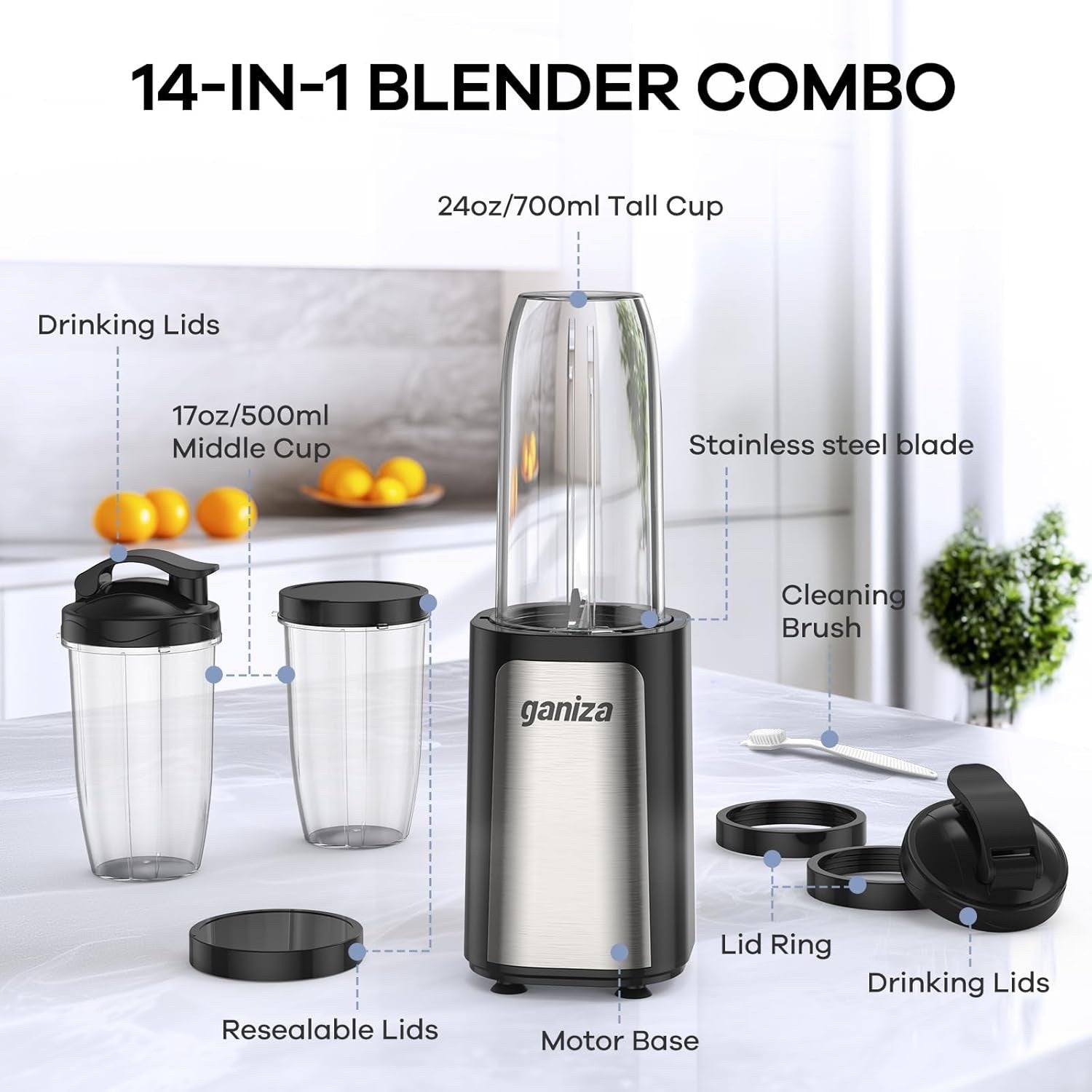 Ganiza Mixer, 900W Mini Smoothie Maker, Standmixer mit 3 Tragbare Mixbechern