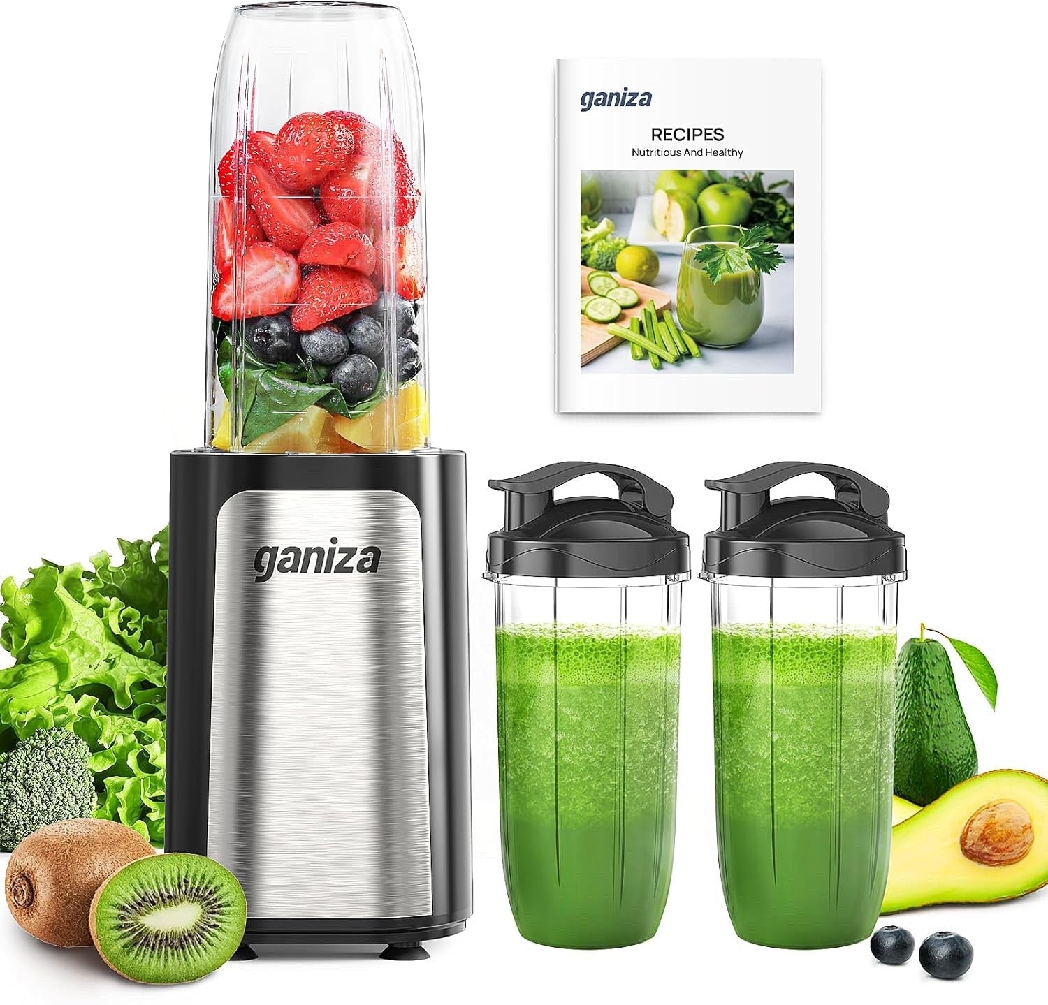 Ganiza Mixer, 900W Mini Smoothie Maker, Standmixer mit 3 Tragbare Mixbechern